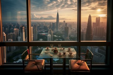 Obraz premium Cityscape overlooking Kuala Lumpur skyline from high rise window. Generative AI
