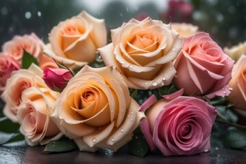 bouquet of roses at rainy funeral cemetery with bokeh - obrazy, fototapety, plakaty