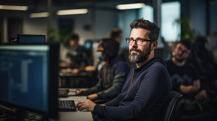 Fototapeta premium Cheerful programmer man wearing eyeglasses working with computers in office.