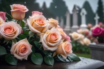 bouquet of roses at rainy funeral cemetery with bokeh - obrazy, fototapety, plakaty