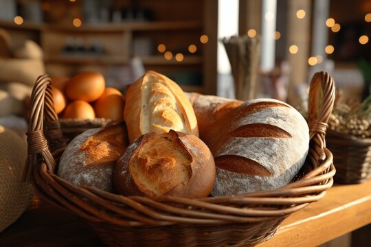 Bread basket at bakery, 4k bread images, bread and milk on stand, bread & milk marketing images. Generative AI