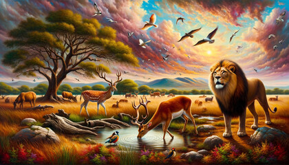 Serengeti Sunrise A Symphony of African Wildlife - obrazy, fototapety, plakaty