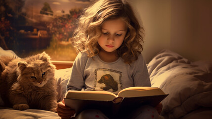 garota lendo livro, leitura infântil  - obrazy, fototapety, plakaty