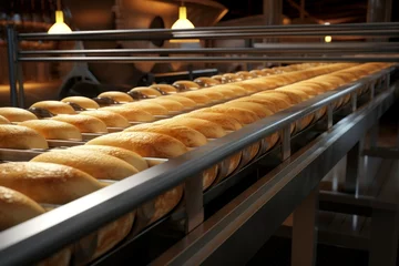 Fototapete Bäckerei High-capacity Bread bakery conveyor. Hot bake fresh. Generate Ai