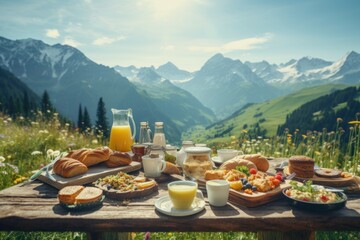 Crisp Breakfast mountains winter. Dinner terrace. Generate Ai - obrazy, fototapety, plakaty
