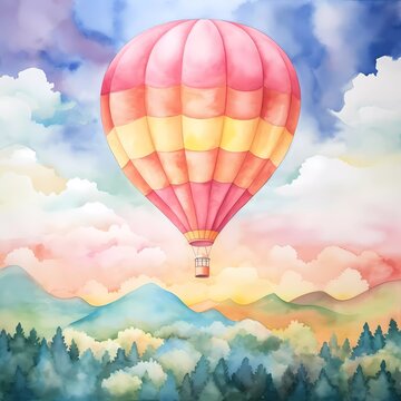 watercolor of hot air balloon view with rainbow cloud. generated ai
