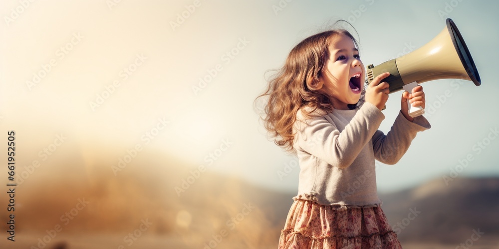 Wall mural cute little girl shouting through megaphone with copy space.