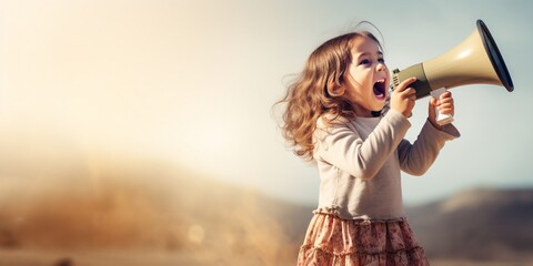 cute little girl shouting through megaphone with copy space.