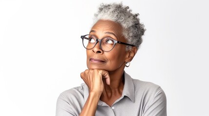 Portrait of pensive confident senior African American woman imagines something in her mind, looks upwards, being deep in thoughts, touching chin, isolated on white, copy space. - Powered by Adobe
