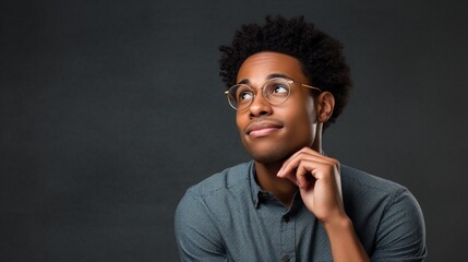 African American young man wearing eyeglasses isolated on dark background with hand on chin thinking about question, pensive expression. Doubt concept. - obrazy, fototapety, plakaty