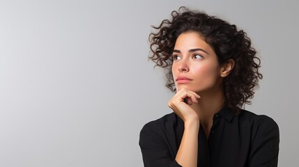 Fototapeta na wymiar Young beautiful woman wearing black blouse over isolated background with hand on chin thinking about question, pensive expression. Smiling with thoughtful face. Doubt concept.