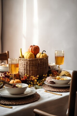 Festive table decorated for Thanksgiving Day. Concept thanksgiving table setting.