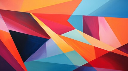 Craft an abstract landscape of interlocking geometric shapes, each painted in a striking, contrasting color.