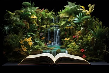 A lush tropical rainforest emerges from within the pages of a book. Generative AI