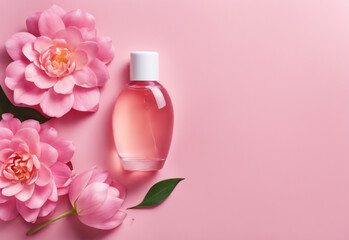 Obraz na płótnie Canvas mockup bottle with cosmetics , fresh flowers pink range, pink background with empty space