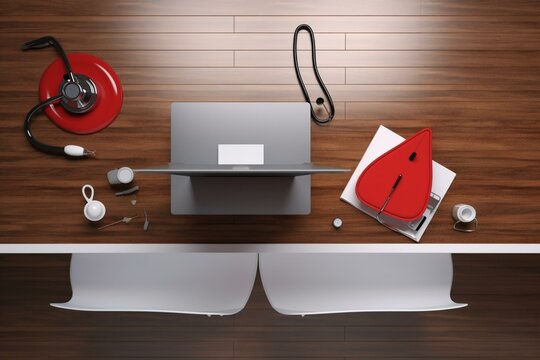 Desk With Red Heart And Stethoscope, Seen From Above, Created Using 3D Rendering. Generative AI