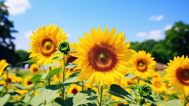 Yellow sunflowers on nature background. AI generated image
