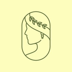 woman beauty face side view long hair culture geek wreath minimalist lines style simple mascot logo design vector icon illustration