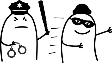 Thumb man. Policeman chasing a thief. Thief on the run, running from the police to avoid being arrested and handcuffed. Charcter emotional. New set of characters in the style of meme flork. - obrazy, fototapety, plakaty