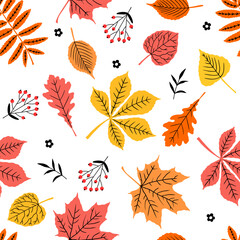 Seamless pattern with fall leaves, Autumn pattern, foliage wrapping paper, pattern fills, Thanksgiving, web page background.