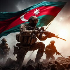 United in Honor: Azerbaijani Soldier Displays Patriotism with Flag and Rifle Amidst Comrades