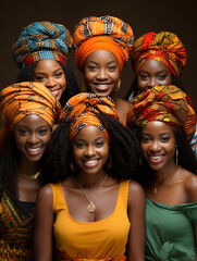 Afroamerikanische Freundinnen als Porträt in Fashion Kleidung mit Kopftuch lachen in die Kamera im Hochformat als Banner, ai generativ