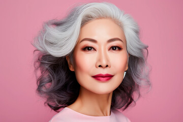 Beautiful mature asian woman with pastel pink lips