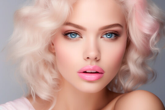 Beautiful scandinavian blond  woman with pastel pink lips and eyeshadow and with blue eyes