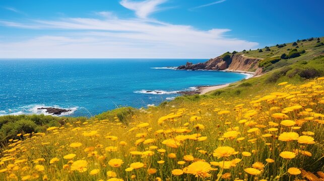 Yellow flowers of buttercup on sea background. AI generated image