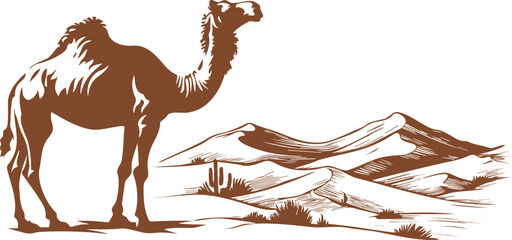 Illustrator artwork of a camel's silhouette on a desert background in vector format.