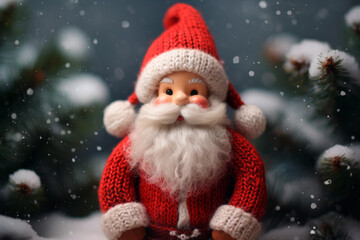 Knitted santa christmas decoration, winter background