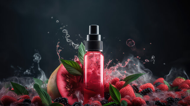 Creative promotional banner with mockup bottle of vape liquid with empty label, copy space. 3d render illustration style. 