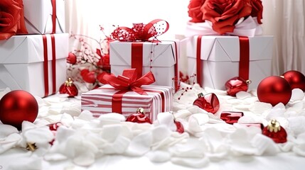 Christmas composition photo with red and white gifts against a white background, generated by AI