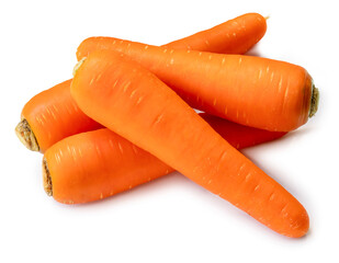 Top view of fresh orange carrots in stack isolated on white background with clipping path. Close up of healthy vegetable root