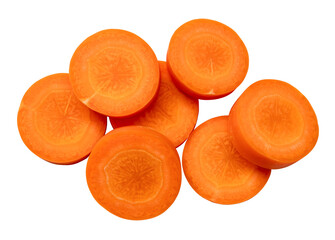 Fresh beautiful carrot slices in stack isolated on white background witch clipping path. Top view and close up