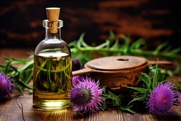 Obraz na płótnie Canvas Aromatic Burdock essential oil. Spa floral organic. Generate Ai