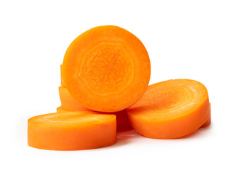 Fresh beautiful carrot slices in stack isolated on white background witch clipping path and shadow in png file format. Front view.