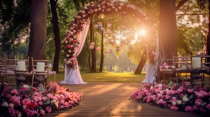 Beautiful wedding ceremony decoration photo in the garden, generated by AI - obrazy, fototapety, plakaty