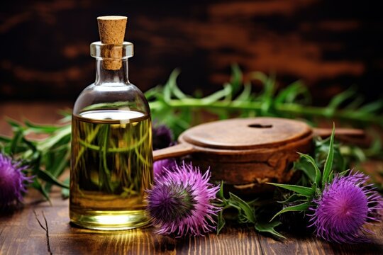 Aromatic Burdock essential oil. Spa floral organic. Generate Ai