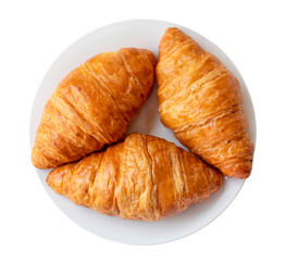 Appetizing croissants in white plate isolated on white background with clipping path. Top view