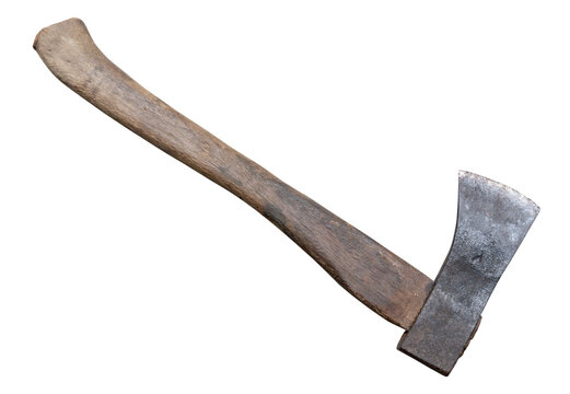 Old rust dirty dark gray axe with brown wooden handle isolated on white background with clipping path in png file format