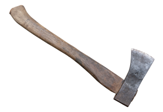 Old rust dirty dark gray axe with brown wooden handle isolated on white background with clipping path in png file format