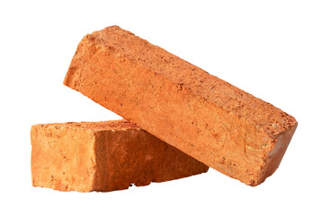Cracked old red or orange bricks in stack isolated on white background with clipping path in png...