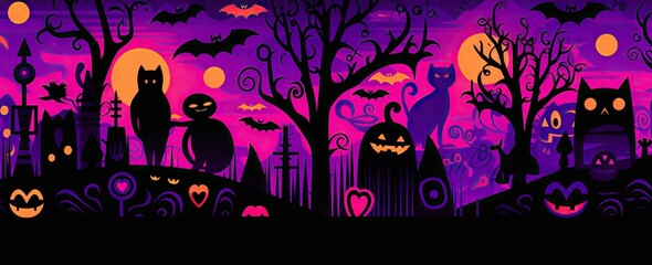 rainbow halloween background with cats, ghosts, spiders and other halloween symbols Generative AI
