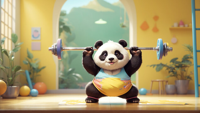 Cute panda doing heavy weight training
