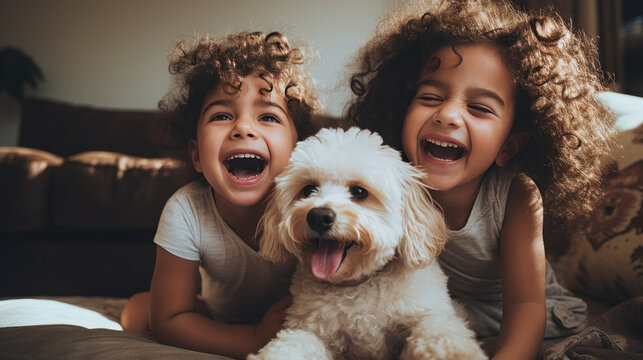 Kids and dog playing together Generative Ai