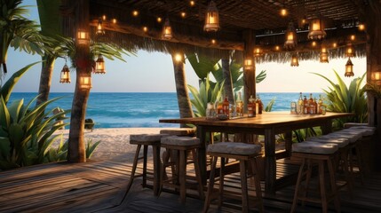 Lush Tropical Background Set Around a Vibrant Tiki Bar