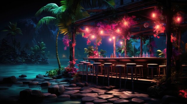 Lush Tropical Background Set Around a Vibrant Tiki Bar