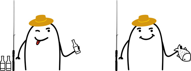 Thumb man. Fishing. Man with a drink in his hand. Man with a fish in his hand. Charcter emotional. New set of characters in the style of meme flork.