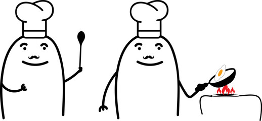 Thumb man. Chef man holding a spoon. Chef man frying an egg. Charcter emotional. New set of characters in the style of meme flork. - obrazy, fototapety, plakaty